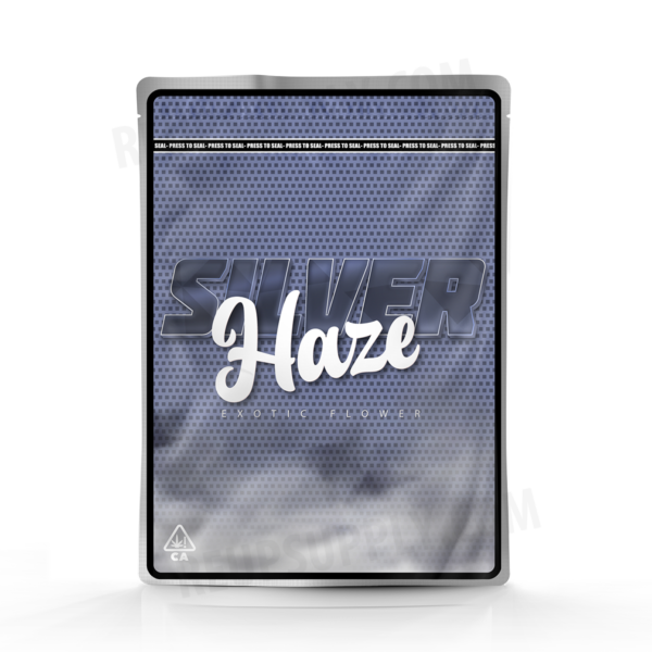 Silver Haze Mylar bag – pre-designed cannabis packaging by Re-Up Supply Co. Silver Haze Mylar bag – pre-designed cannabis packaging by Re-Up Supply Co.