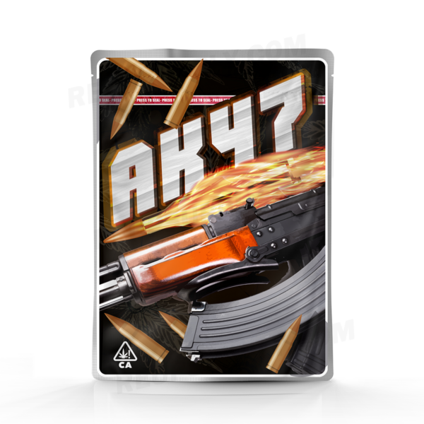 AK-47 Mylar bag – pre-designed cannabis packaging by Re-Up Supply Co. AK-47 Mylar bag – pre-designed cannabis packaging by Re-Up Supply Co.