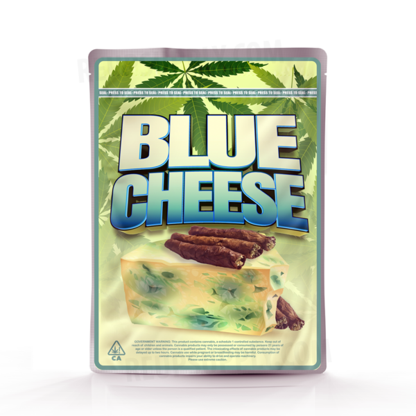 Blue Cheese Mylar bag – pre-designed cannabis packaging by Re-Up Supply Co. Blue Cheese Mylar bag – pre-designed cannabis packaging by Re-Up Supply Co.