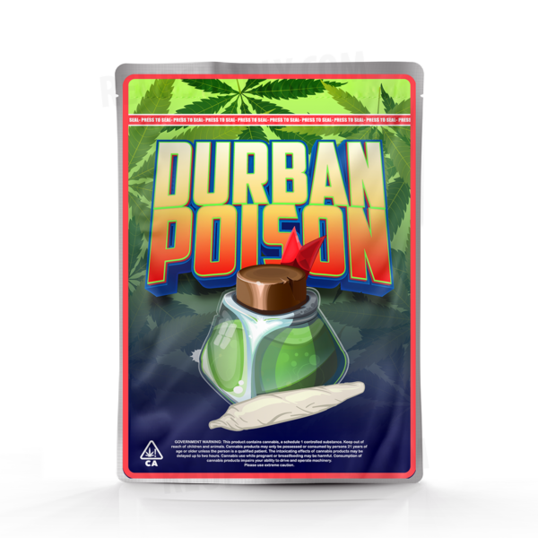 Durban Poison Mylar bag – pre-designed cannabis packaging by Re-Up Supply Co. Durban Poison Mylar bag – pre-designed cannabis packaging by Re-Up Supply Co.
