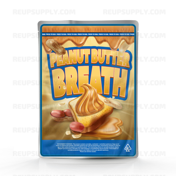 Peanut Butter Breath Mylar bag – pre-designed cannabis packaging by Re-Up Supply Co. Peanut Butter Breath Mylar bag – pre-designed cannabis packaging by Re-Up Supply Co.