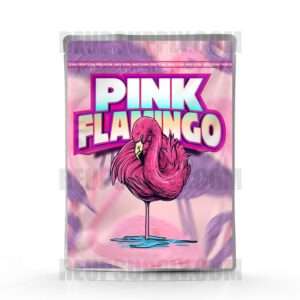 Pink Flamingo Mylar bag – pre-designed cannabis packaging by Re-Up Supply Co.