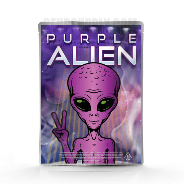 Purple Alien Mylar bag – pre-designed cannabis packaging by Re-Up Supply Co. Purple Alien Mylar bag – pre-designed cannabis packaging by Re-Up Supply Co.