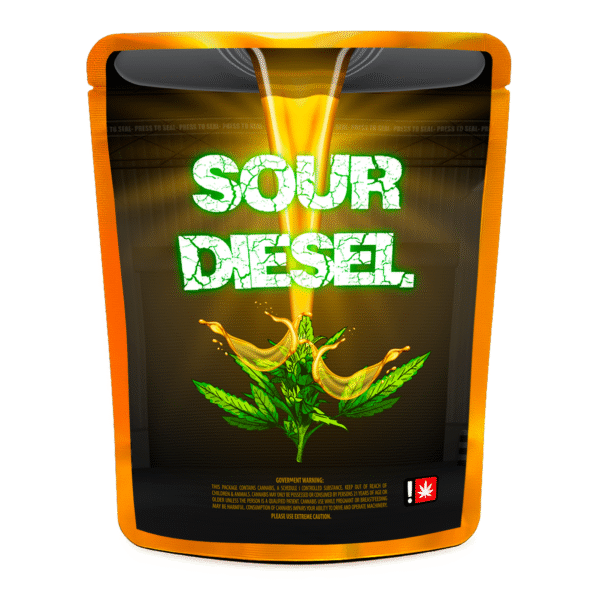 Sour Diesel Mylar bag – pre-designed cannabis packaging by Re-Up Supply Co. Sour Diesel Mylar bag – pre-designed cannabis packaging by Re-Up Supply Co.